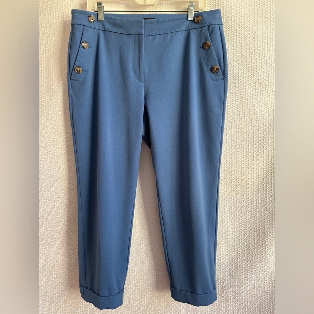 LOFT Blue Ankle Pants 12 Petite Button Detail Slim Career Work Trousers Stretch